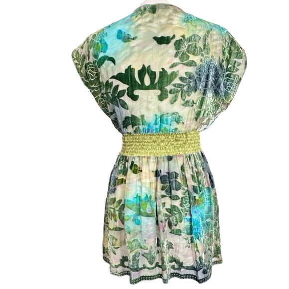 Hale Bob Babydoll Velvet Burnout Top Womens Small Green Blue Floral Boho Fairy - Picture 4 of 12